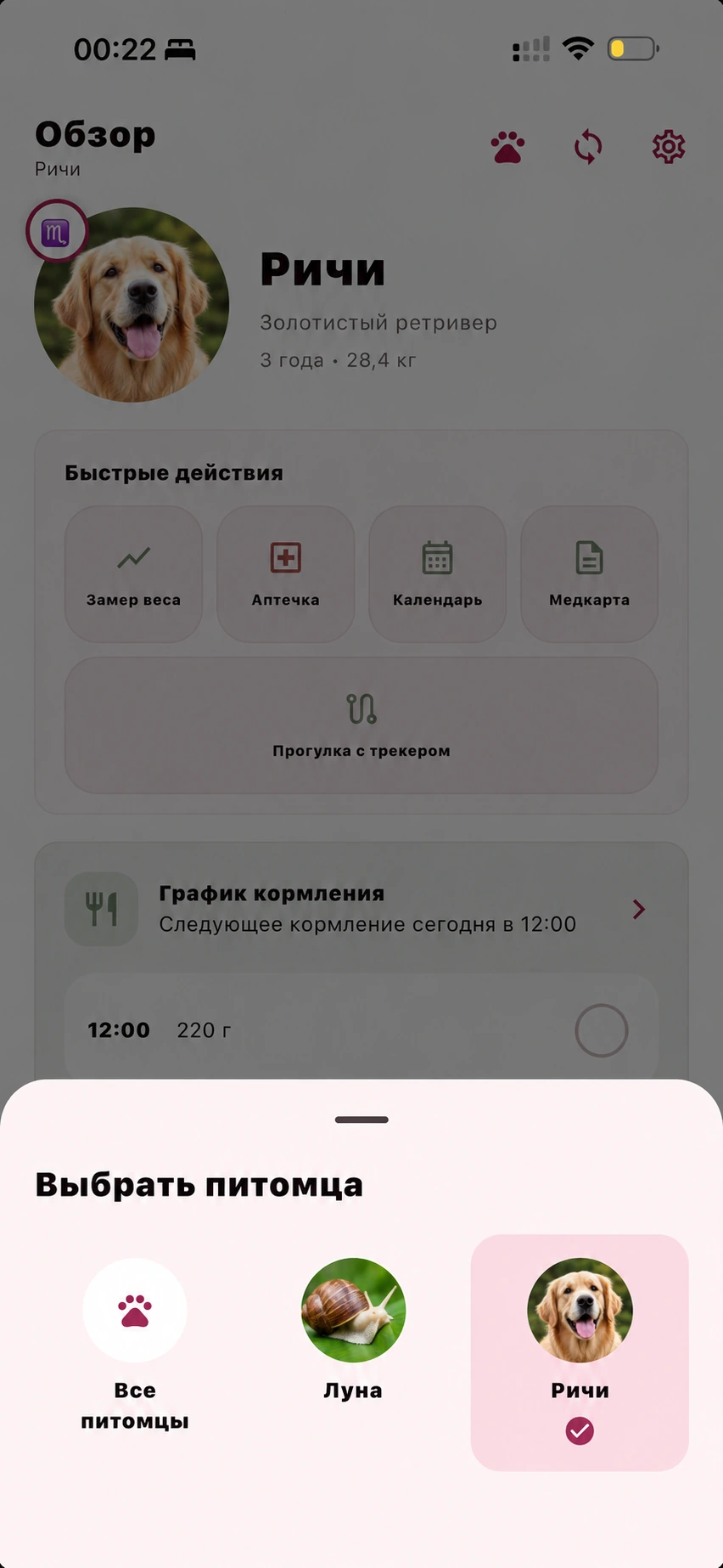 Демонстрационный экран выбора нескольких питомцев